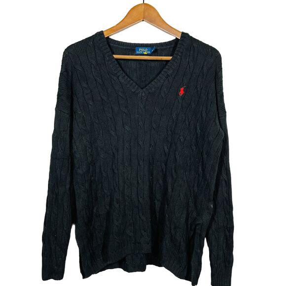 Vintage 90s Polo Ralph Lauren V Neck Collegiate Sweater Black Red Pima Cotton- M - Picture 1 of 5